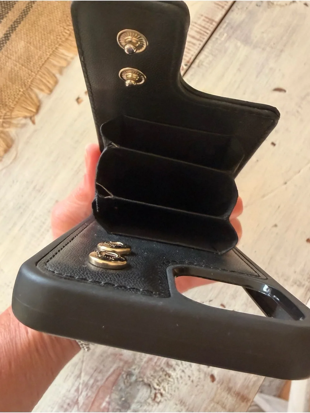 LIBRA Black Faux Leather IPhone 14 Phone Case with Wallet & Gold Ring Holder